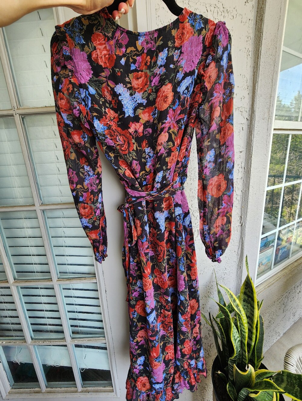 PAIGE Paulette Floral Long Sleeve  V-Neck Midi Wrap Dress - Black Red Pink Multi - Picture 12 of 16